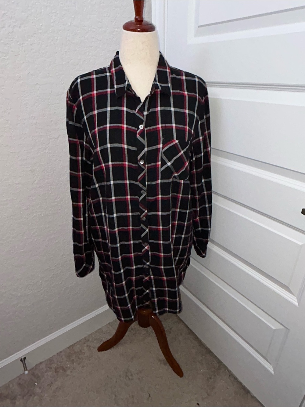 J.Jill Plaid Print 100% Cotton Long Sleeve Button Front Tunic Blouse Shirt Top